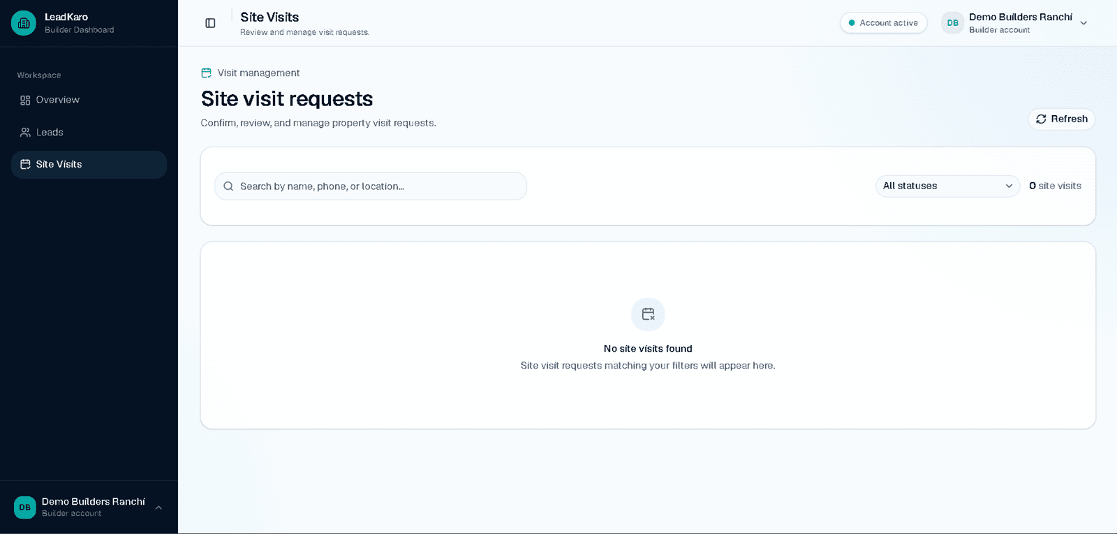 LeadKaro site visit management screen